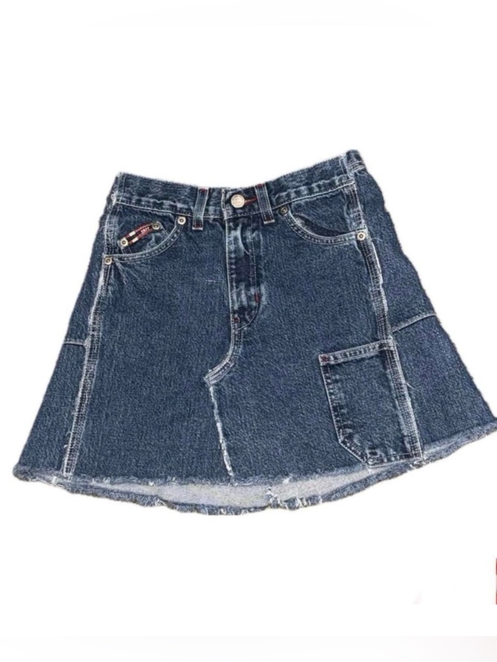 👗🧷 BUGLE BOY Jeans Vintage 90s‎ Y2K Upcycled Denim Mini Skirt l Fits Sz 26"